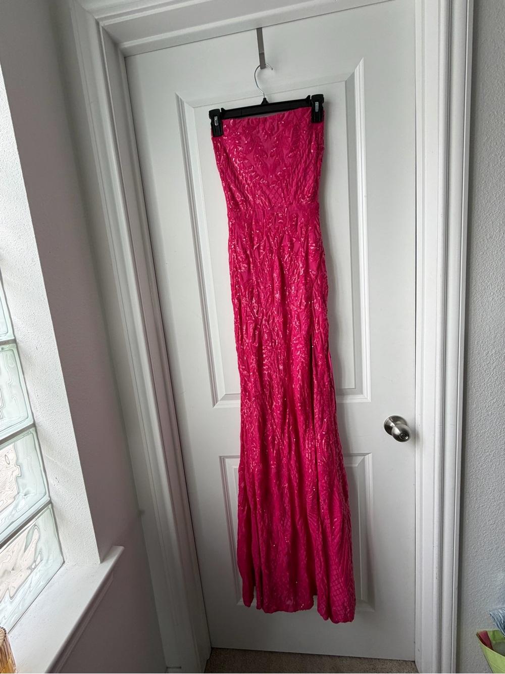 Windsor Fuchsia Sequin Lace Gown with Thigh Slit - Picture 2 of 5